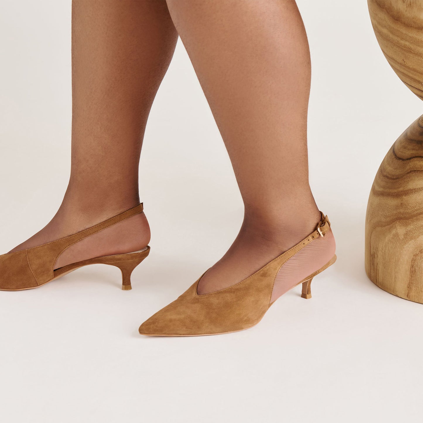 Light Brown Faux Suede Classic Pointed-Toe Slip-On Slingback Kitten Heels