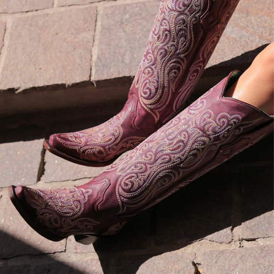 Dark Pink Snip-Toe Embroidery Wide Calf Knee High Cowgirl Boots