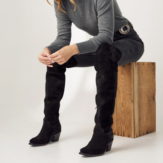 Black Faux Suede Snip-Toe Half-Zip Over-The-Knee Cowgirl Boots
