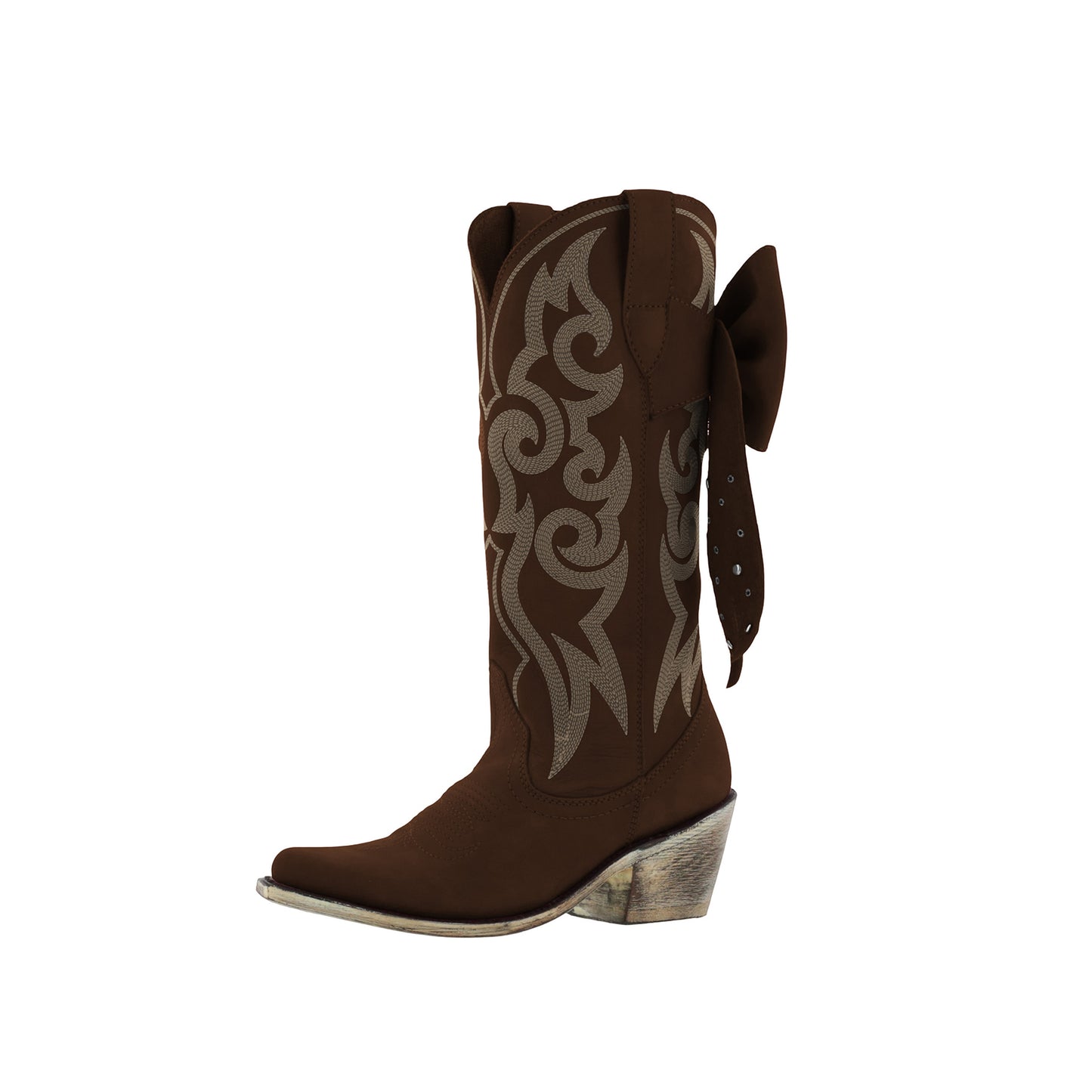 Dark Red Pointed-Toe Embroidery Back Studded Bow Mid Calf Cowgirl Boots