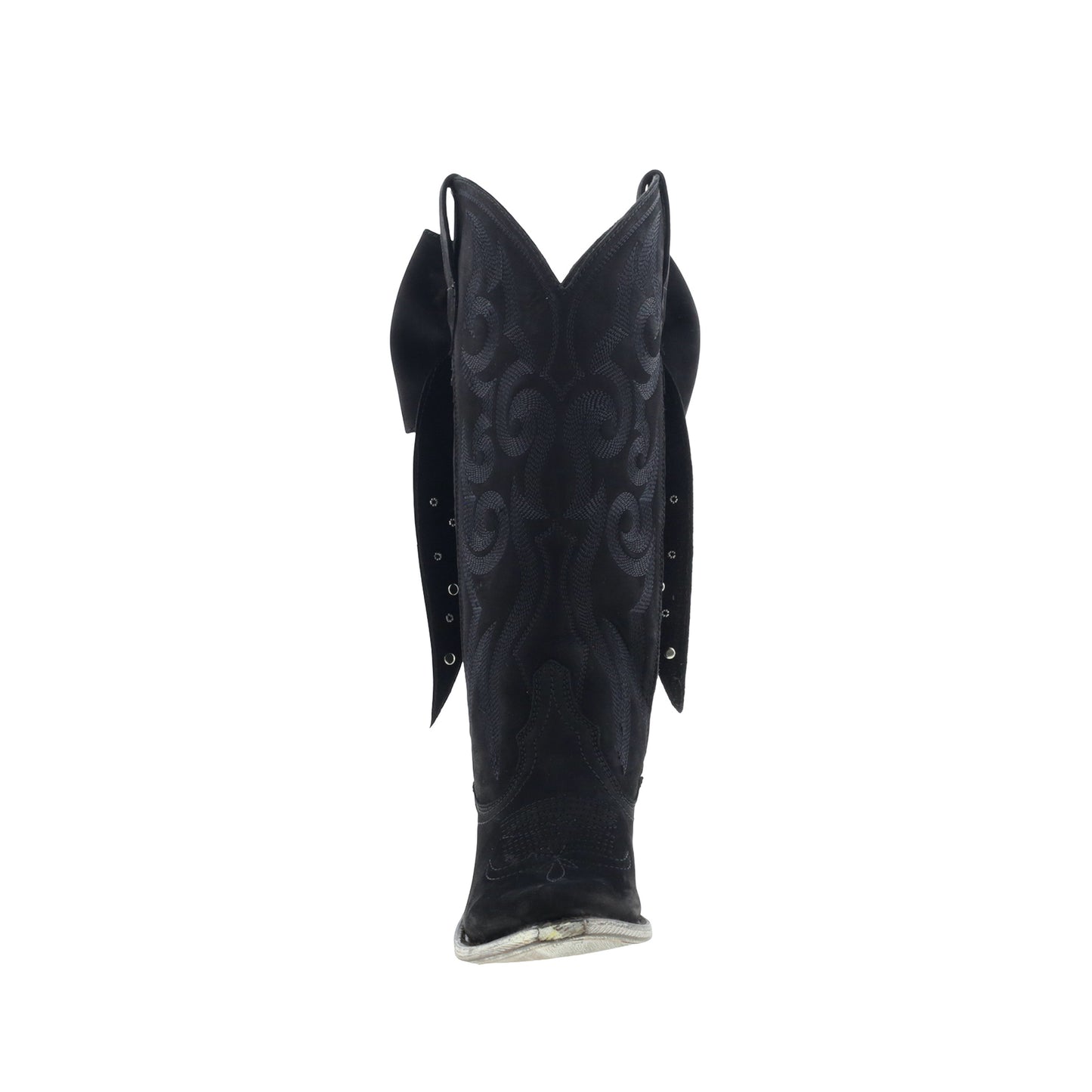 Black Pointed-Toe Embroidery Back Studded Bow Mid Calf Cowgirl Boots