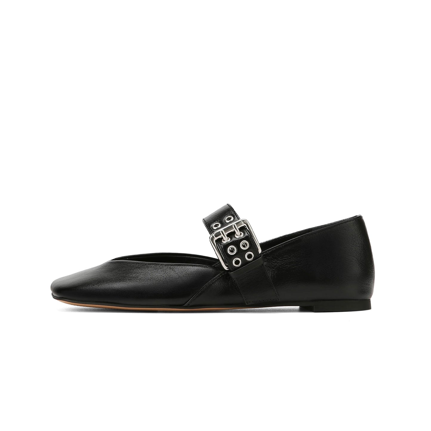 Black Vegan Leather Square-Toe Bridge Strap With Double Eyelets Flats