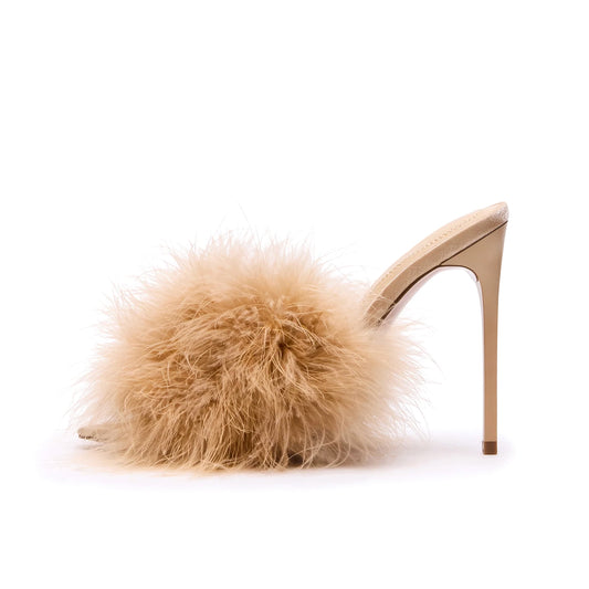 Tan Pointed-Toe Front Plush Slip-On High Heels