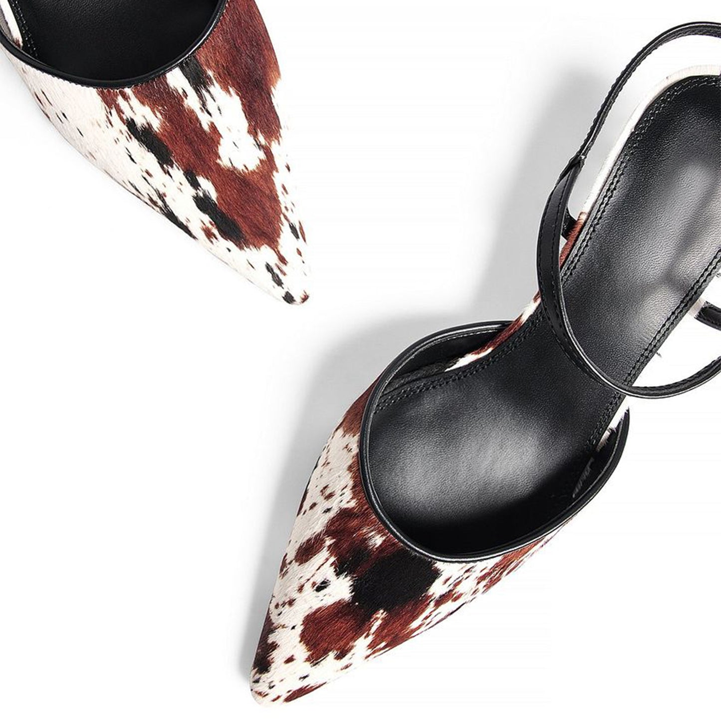 Cow Print Pointed-Toe Ankle Strap Kitten Heels Pumps