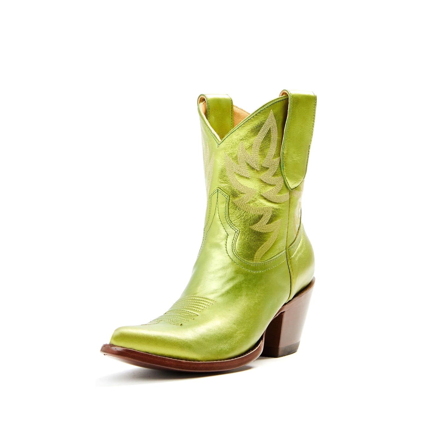 Metallic Green Almond-Toe Embroidery Ankle Cowgirl Boots
