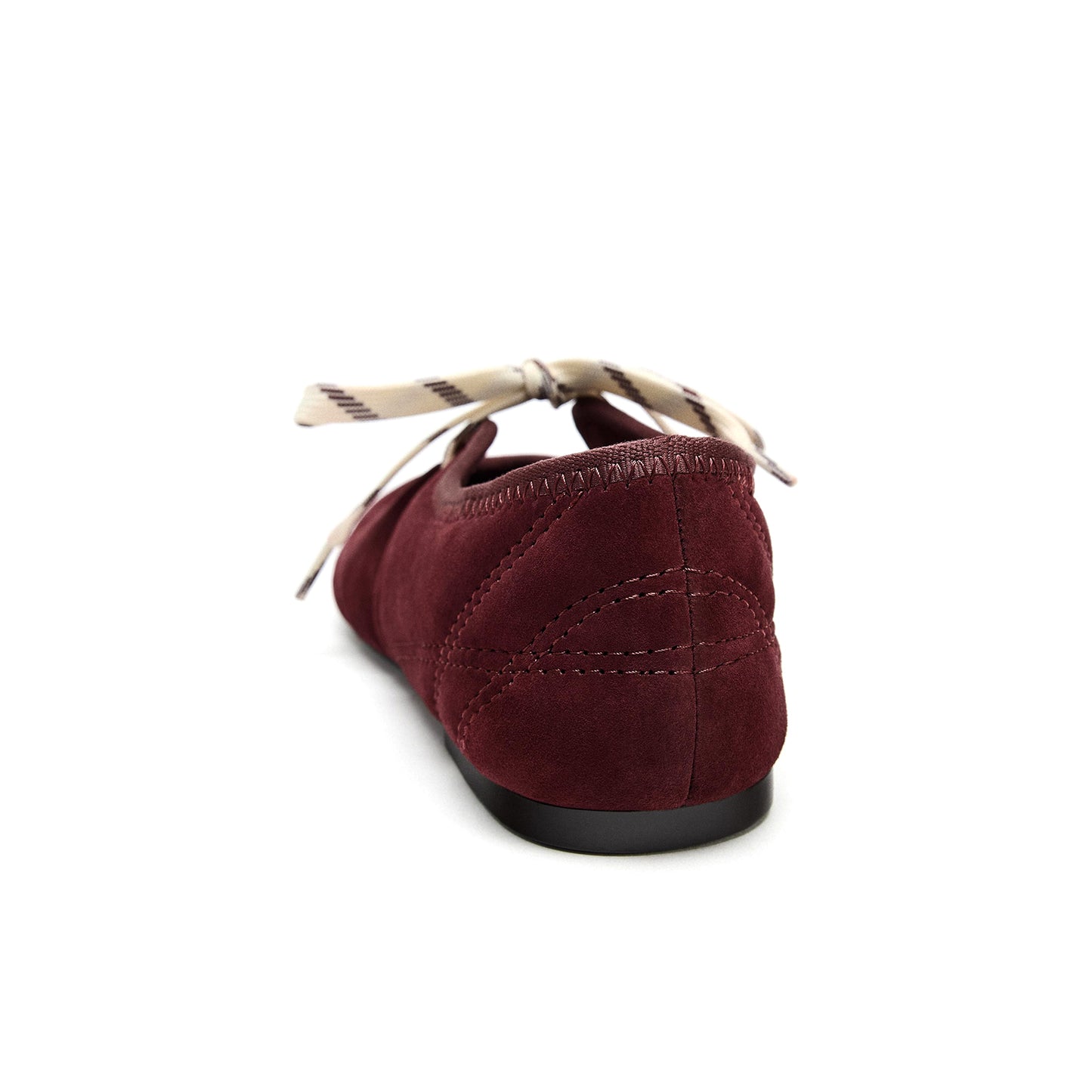 Burgundy Faux Suede Round-Toe Stitch Lace-Up Closure Ballet Flats