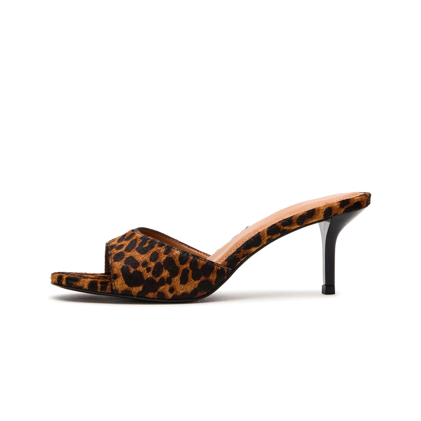Leopard Pony Hair Round-Toe Slip-On Mule Kitten Heels