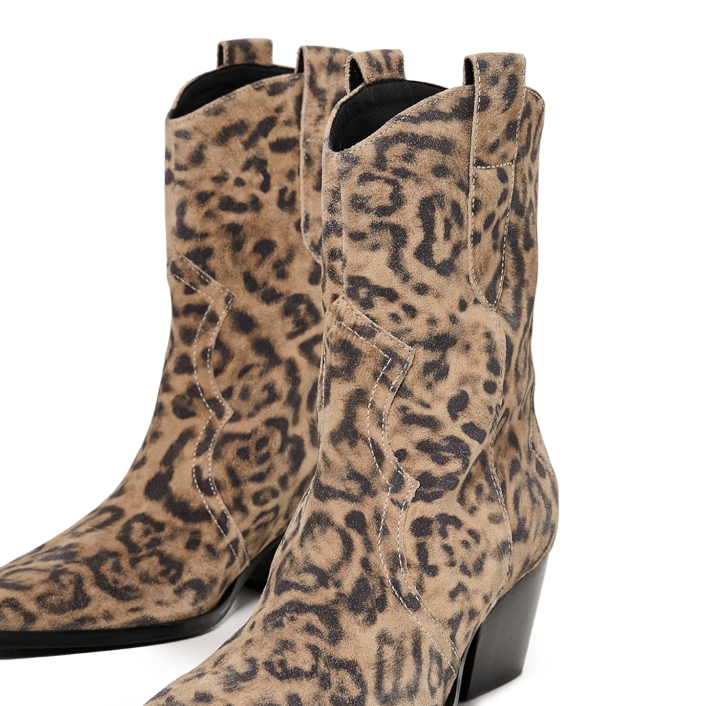 Leopard Faux Suede Pointed-Toe Ankle Cowgirl Boots