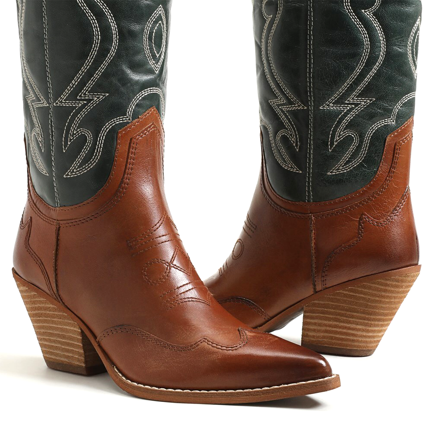 Contrast Green And Copper Pointed-Toe Embroidery Wide Calf Knee High Cowgirl Boots