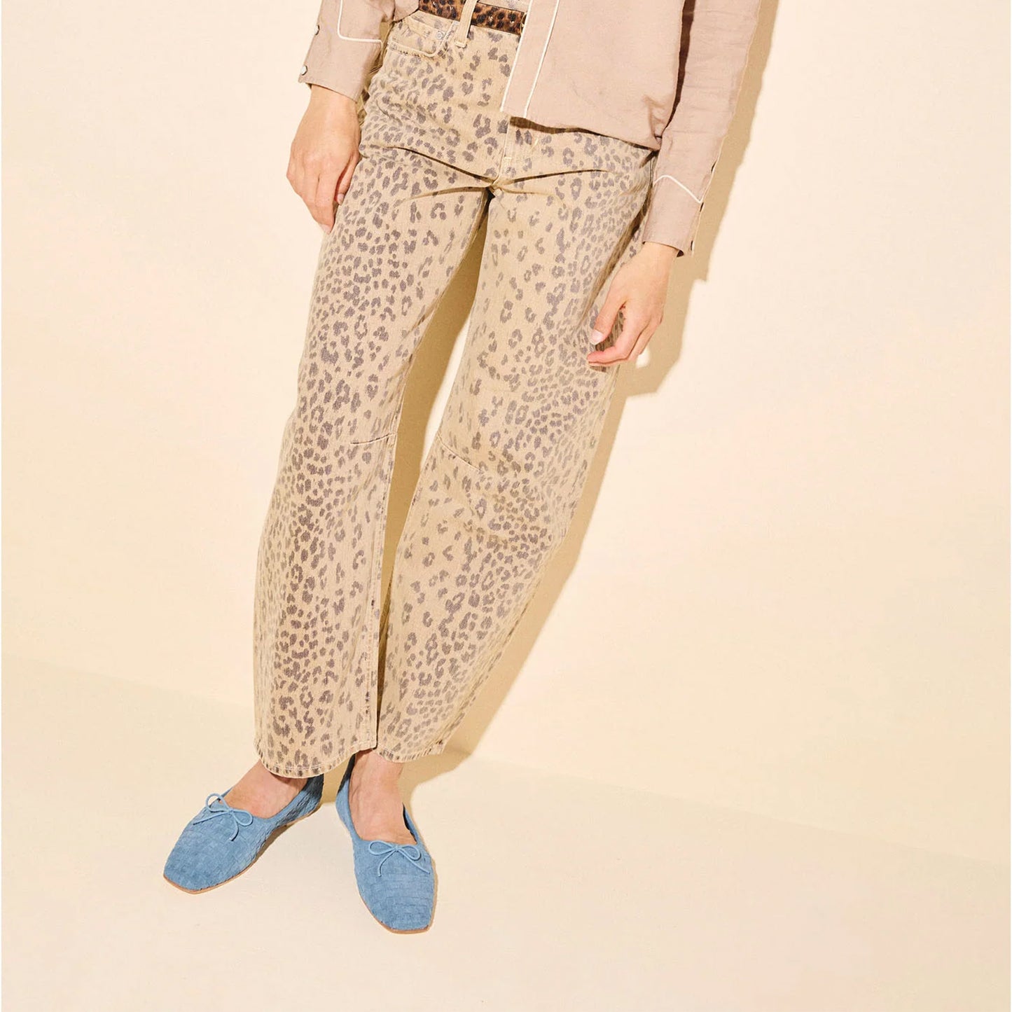 Blue Woven Faux Suede Square-Toe Front Bow Ballet Flats