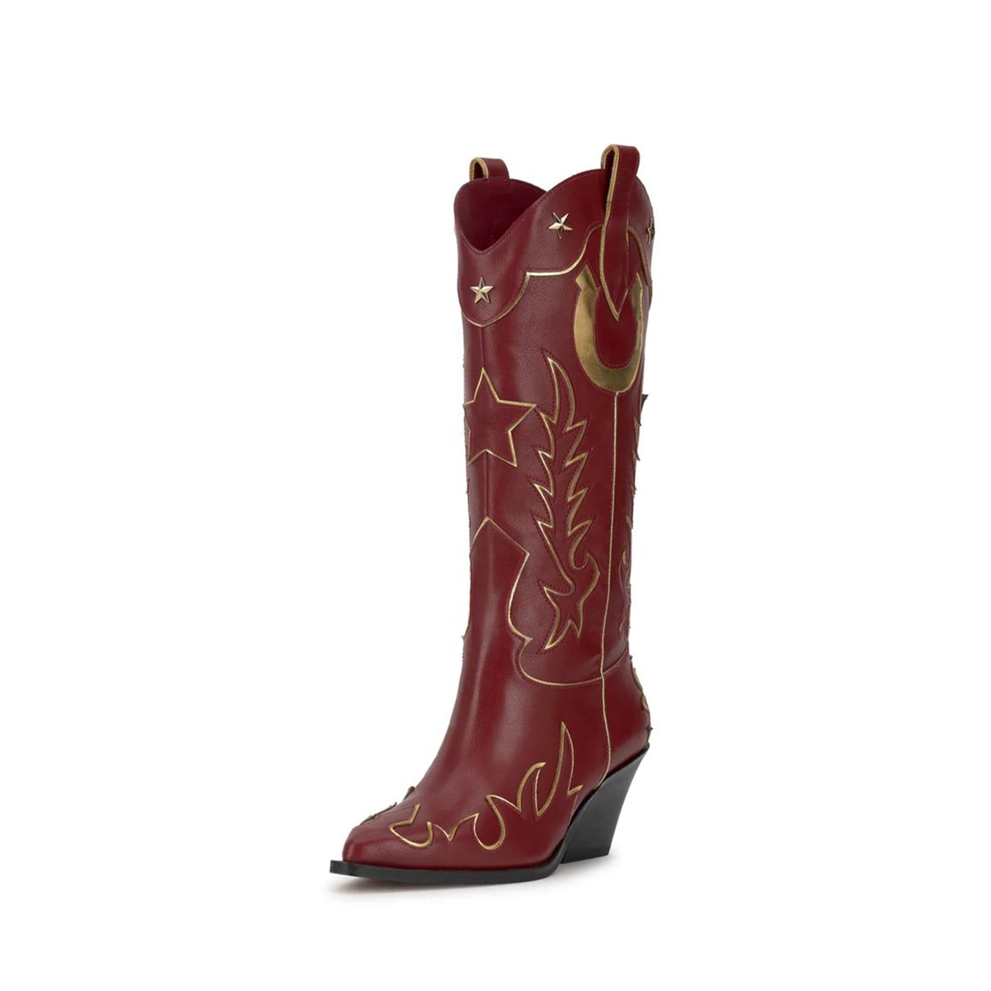 Red Almond-Toe Horseshoe Inlay Star Studs And Applique Mid Calf Cowgirl Boots