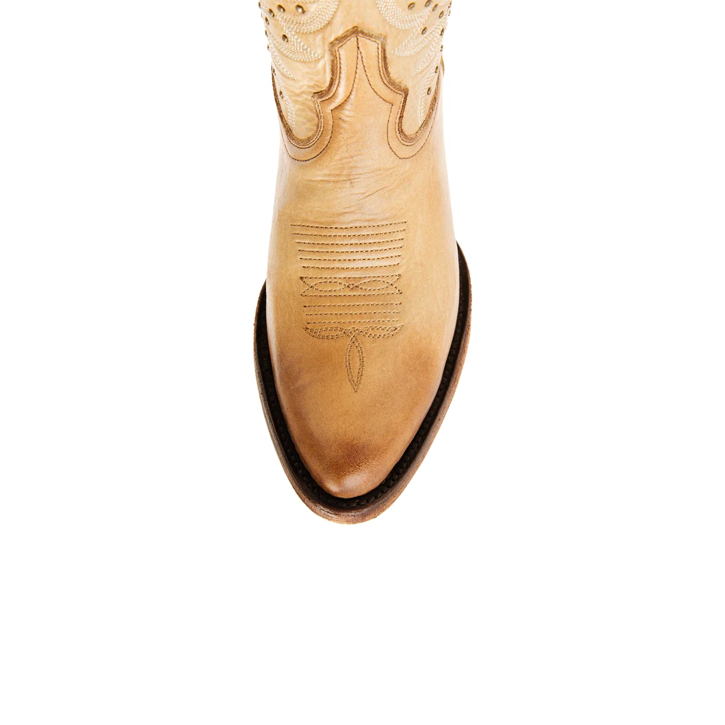 Tan Round-Toe Embroidery Studded Ankle Cowgirl Boots