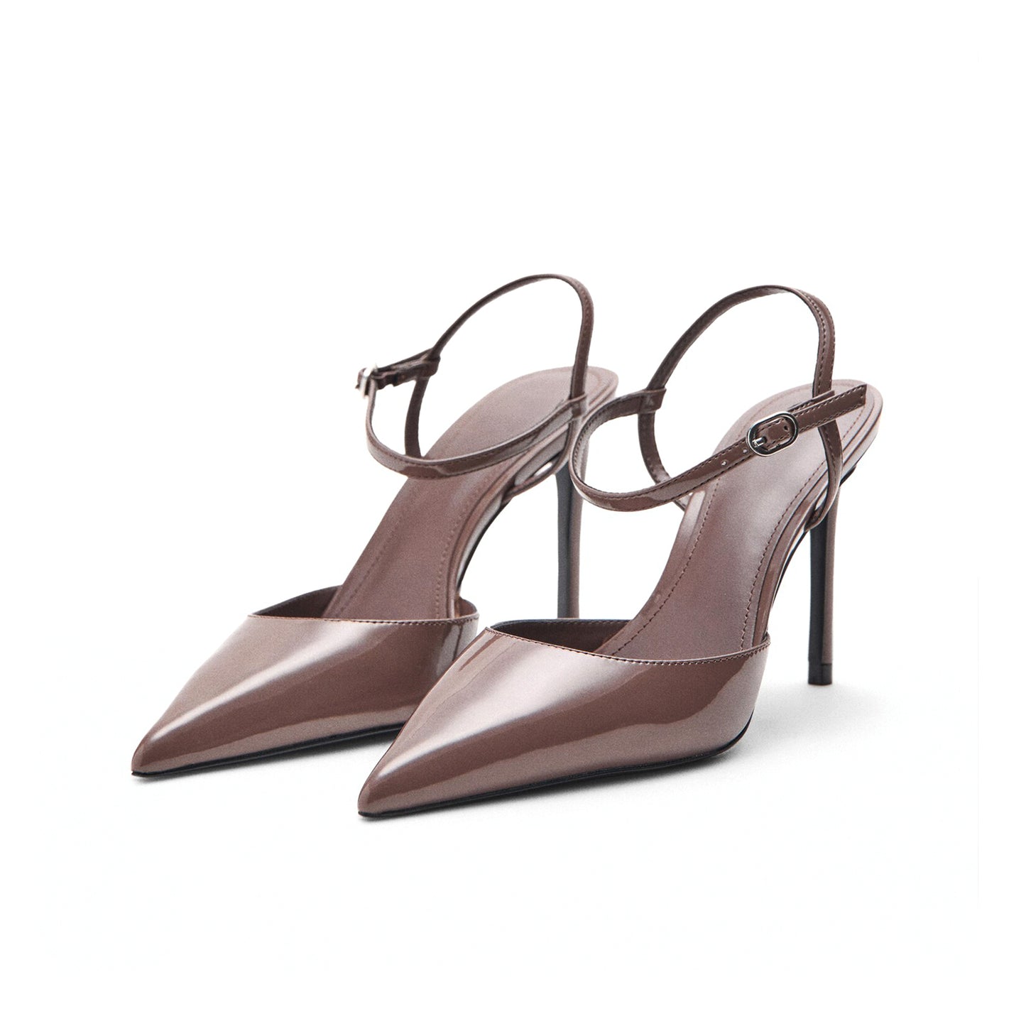 Patent Brown Pointed-Toe Slingback Ankle Strap Stiletto High Heels