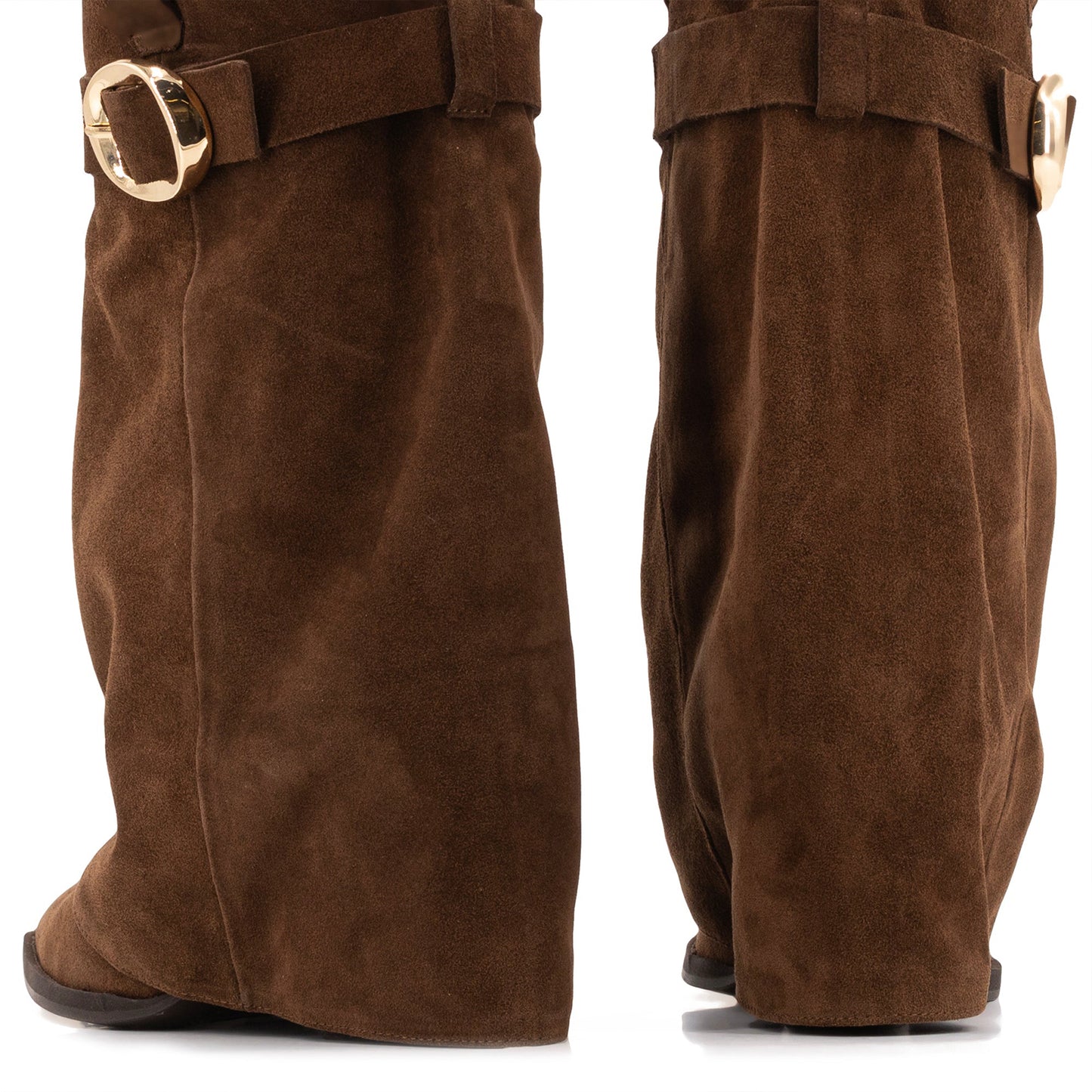 Brown Faux Suede Pointed-Toe Fold-Over Shaft Buckle Mid Calf Cowgirl Boots