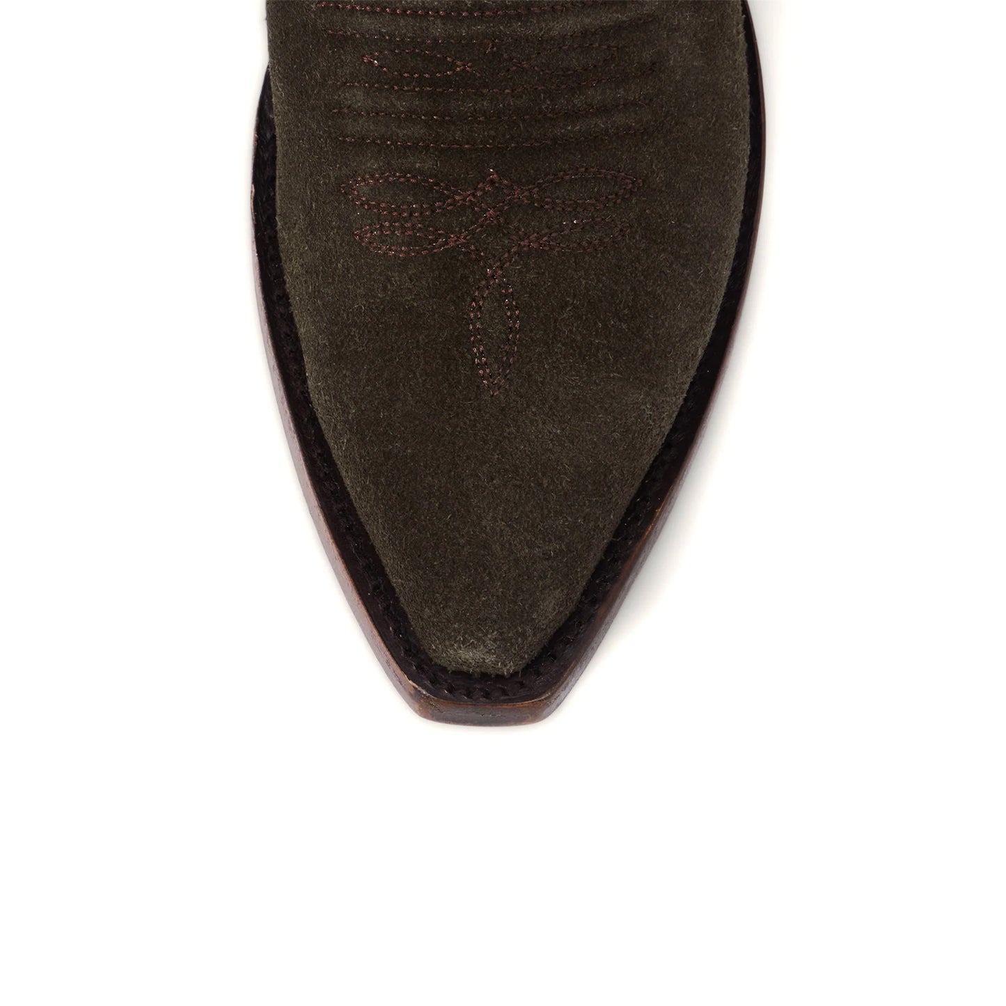 Olive Green Faux Suede Snip-Toe Embroidery Mid Calf Cowgirl Boots