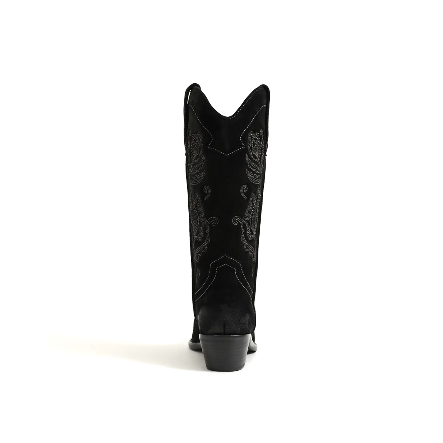 Black Faux Suede Almond-Toe Flowers Embroidery Mid Calf Cowgirl Boots