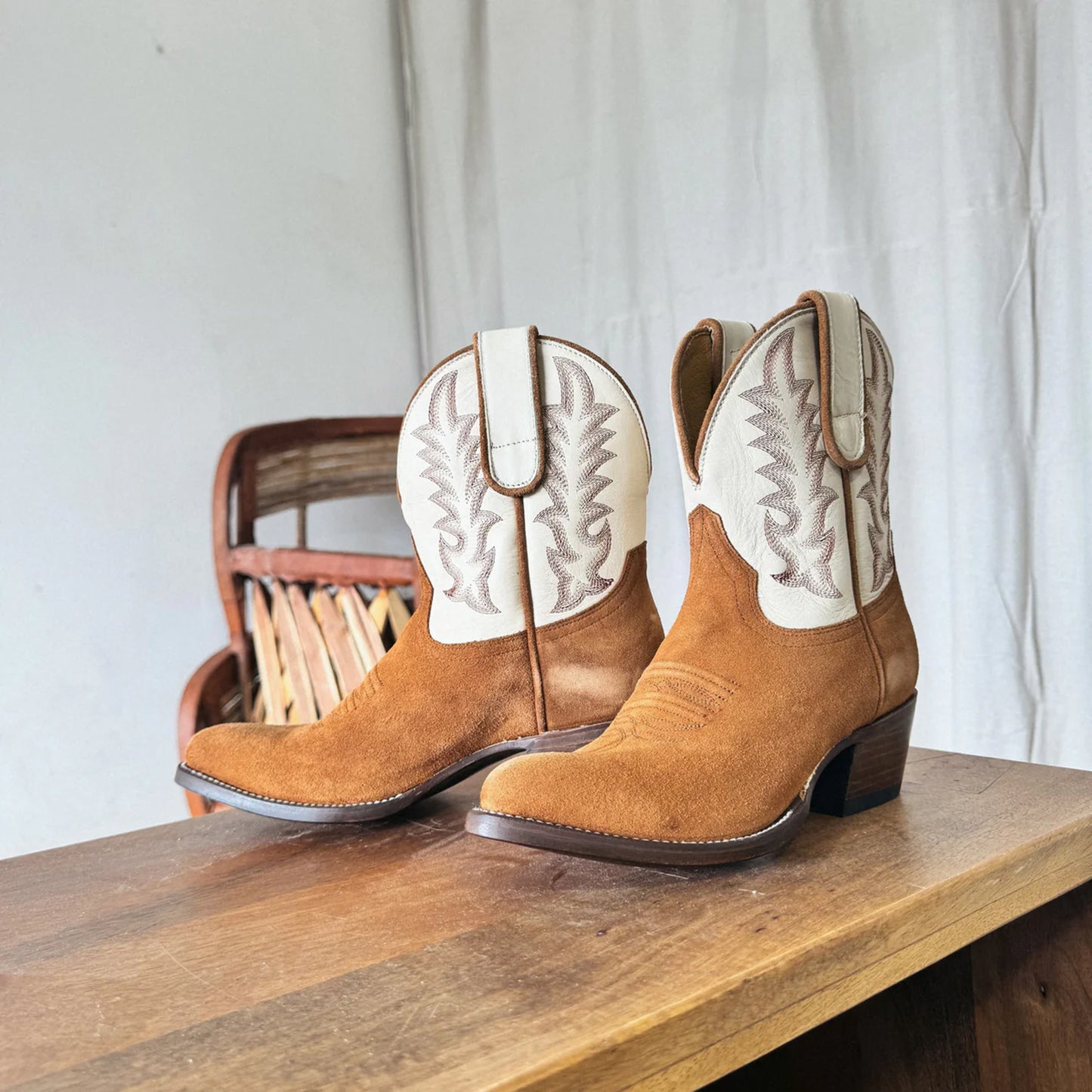 Contrast White And Brown Faux Suede Almond-Toe Embroidery Ankle Cowgirl Boots