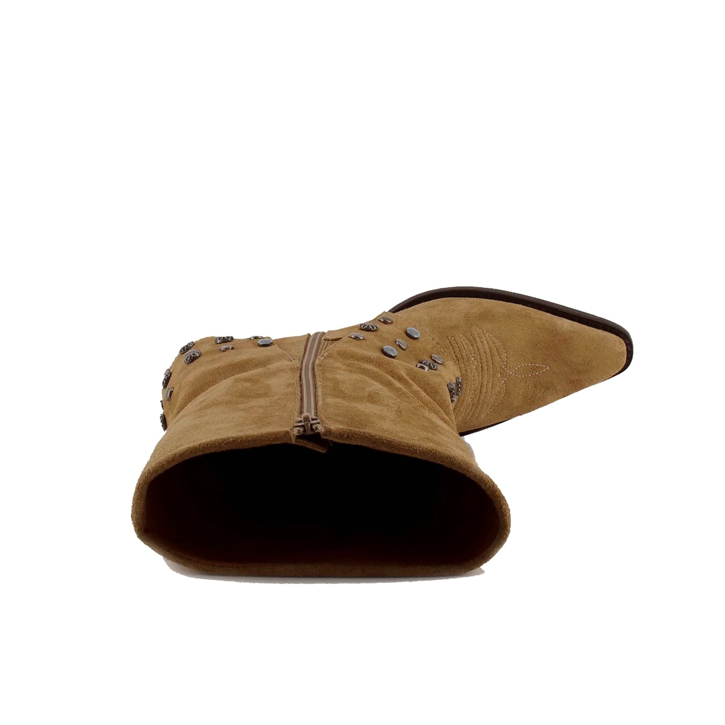 Brown Faux Suede Snip-Toe Studded Fold-Over Full-Zip Mid Calf Cowgirl Boots
