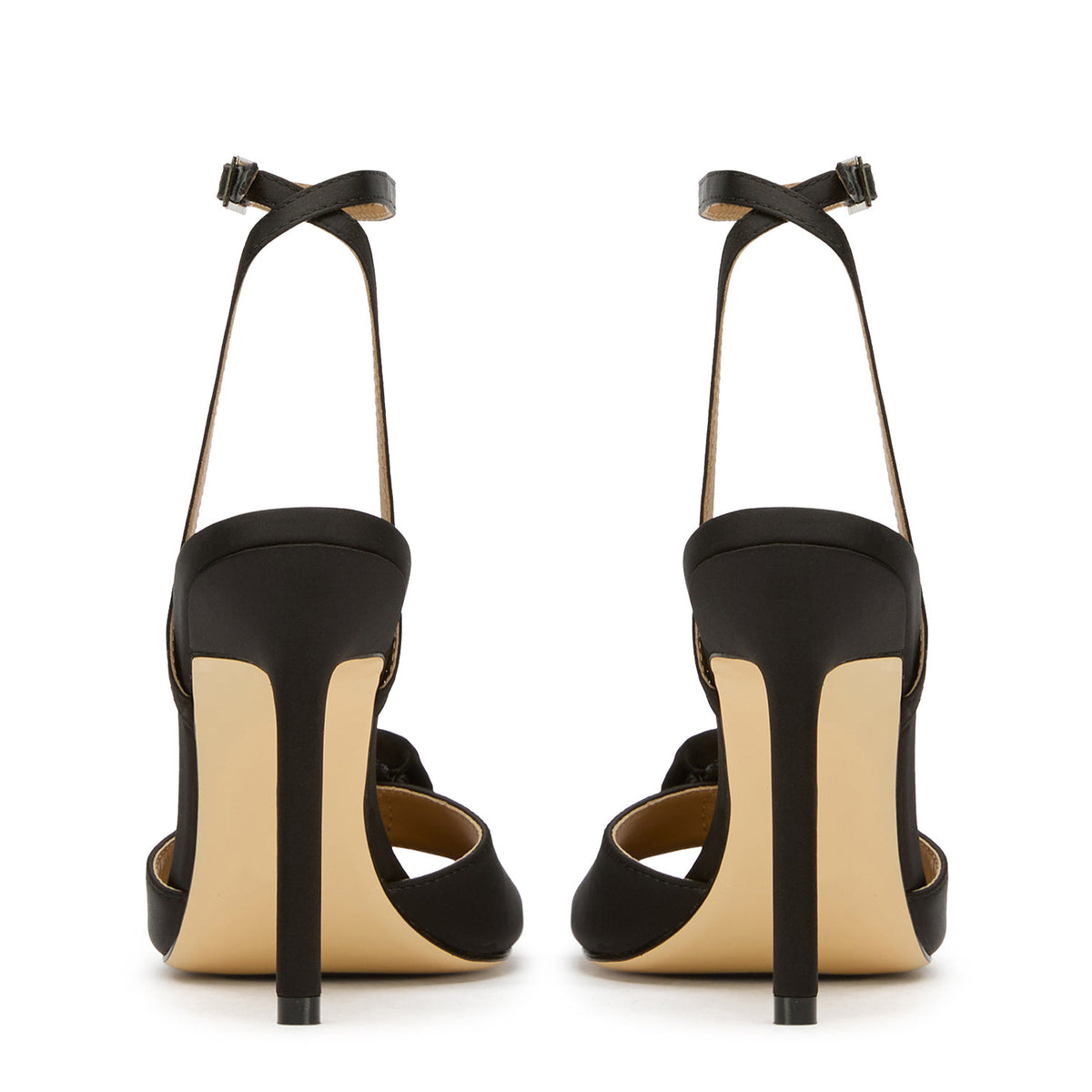 Black Satin Square-Toe Front Rose Ankle Strap High Heels