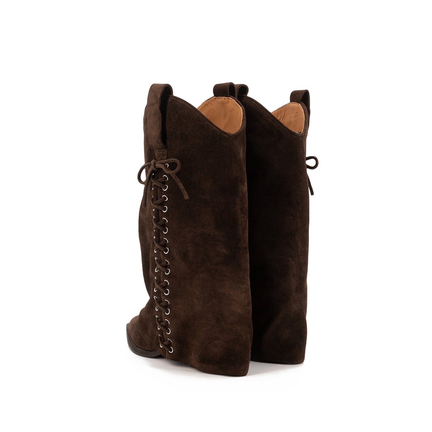 Brown Faux Suede Pointed-Toe Fold-Over Side Lace-Up Mid Calf Cowgirl Boots