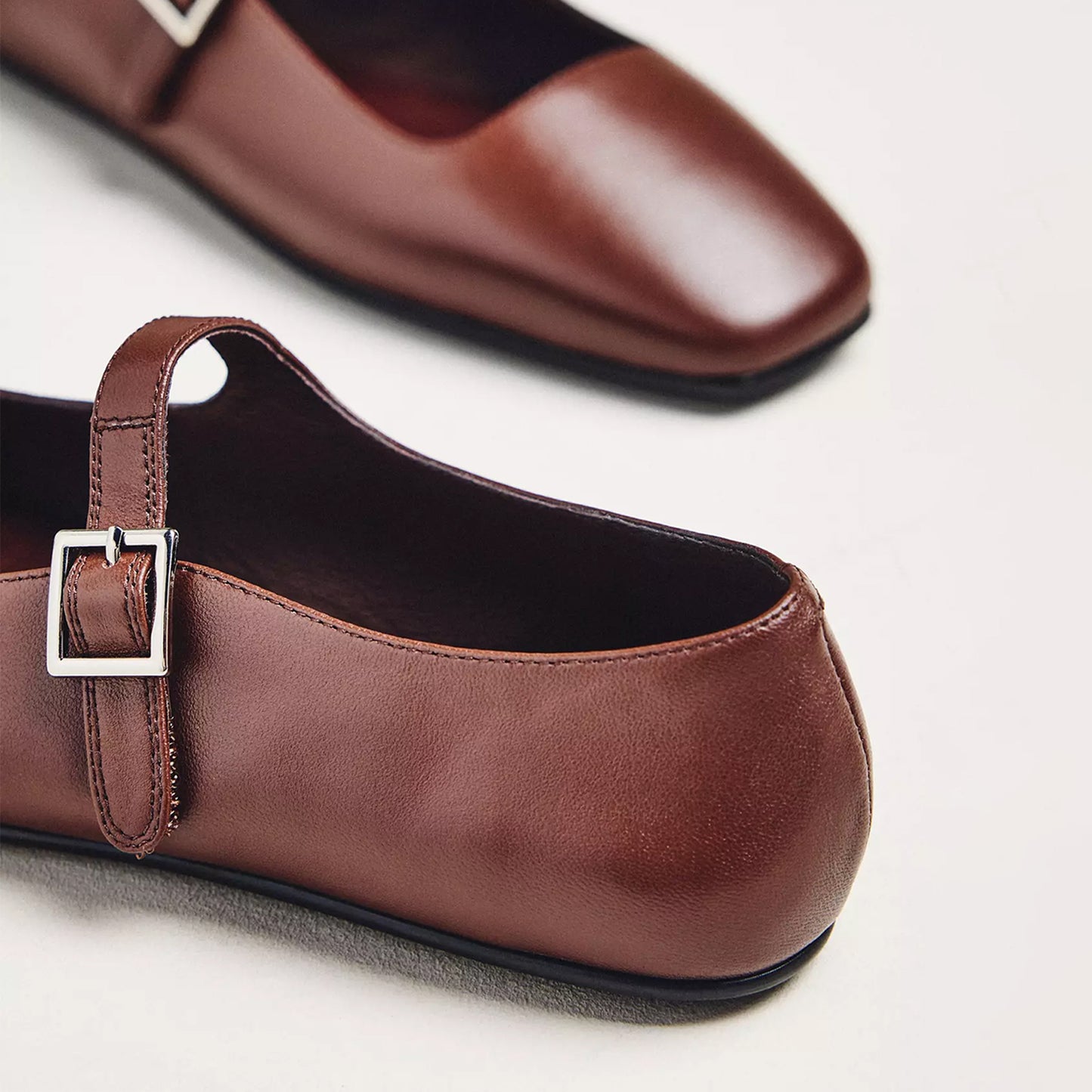 Coffee Square-Toe Bridge Strap Mary Janes Flats