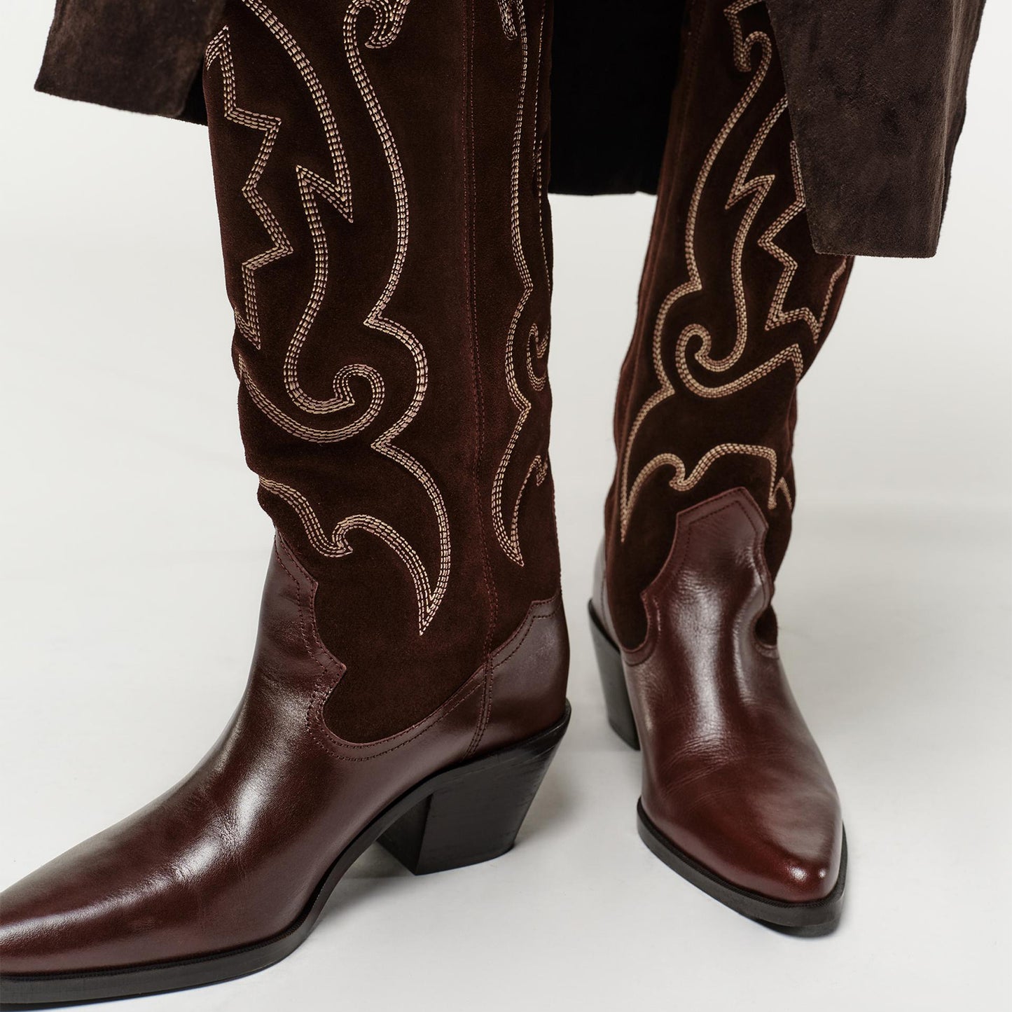 Burgundy Pointed-Toe Embroidery Wide Calf Tall Knee High Cowgirl Boots
