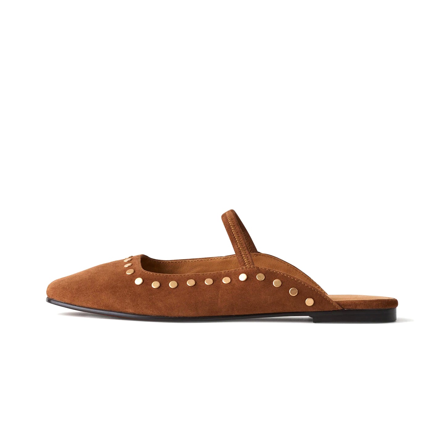 Cognac Faux Suede Square-Toe Bridge Strap Studded Slip-On Flats