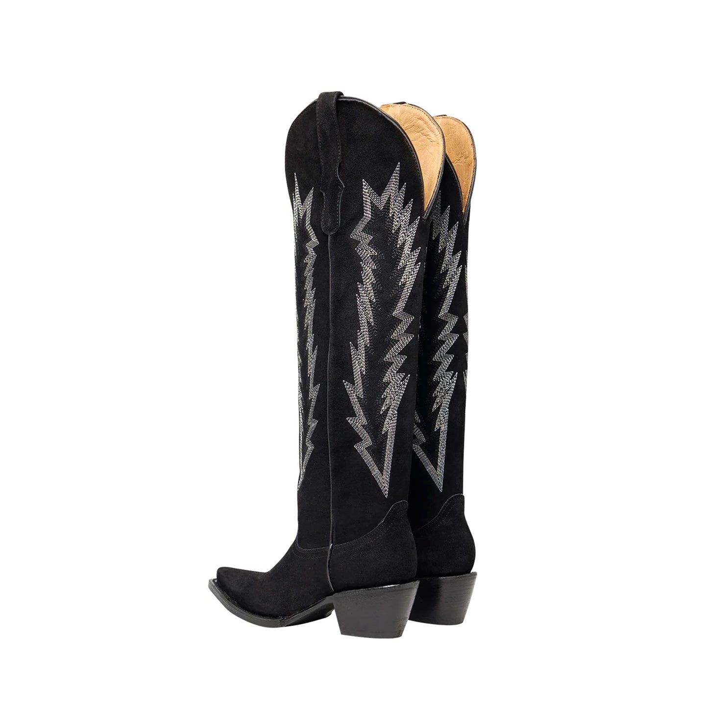 Black Faux Suede Snip-Toe Embroidery Wide Calf Over-The-Knee Cowgirl Boots