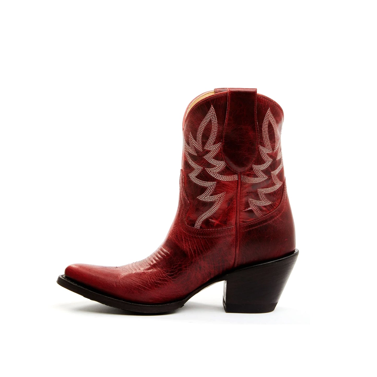 Distressed Red Almond-Toe Embroidery Ankle Cowgirl Boots