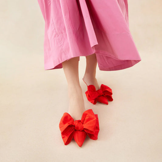 Red Satin Pointed-Toe Front Big Bow High Heels