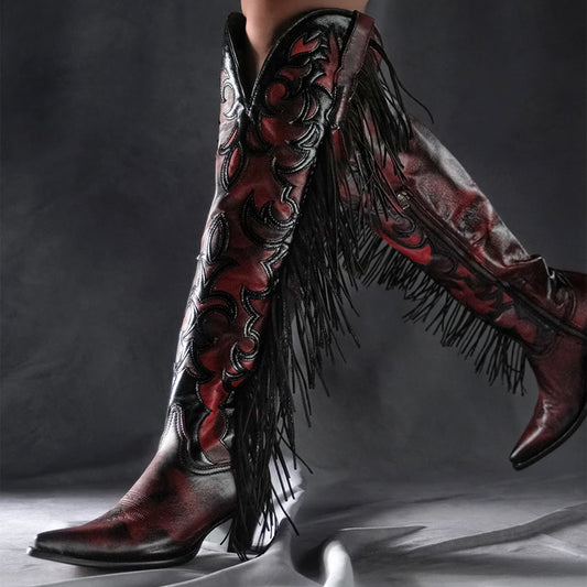 Contrast Black And Brown Pointed-Toe Embroidery Half-Zip Fringe Knee High Cowgirl Boots
