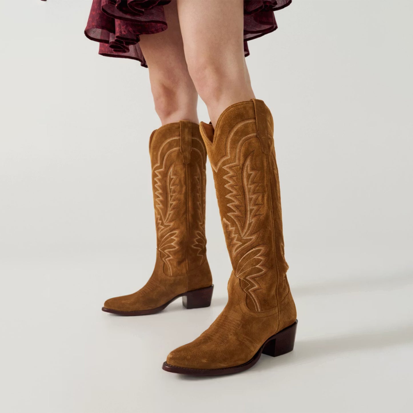 Brown Faux Suede Almond-Toe Embroidery Wide Calf Knee High Cowgirl Boots