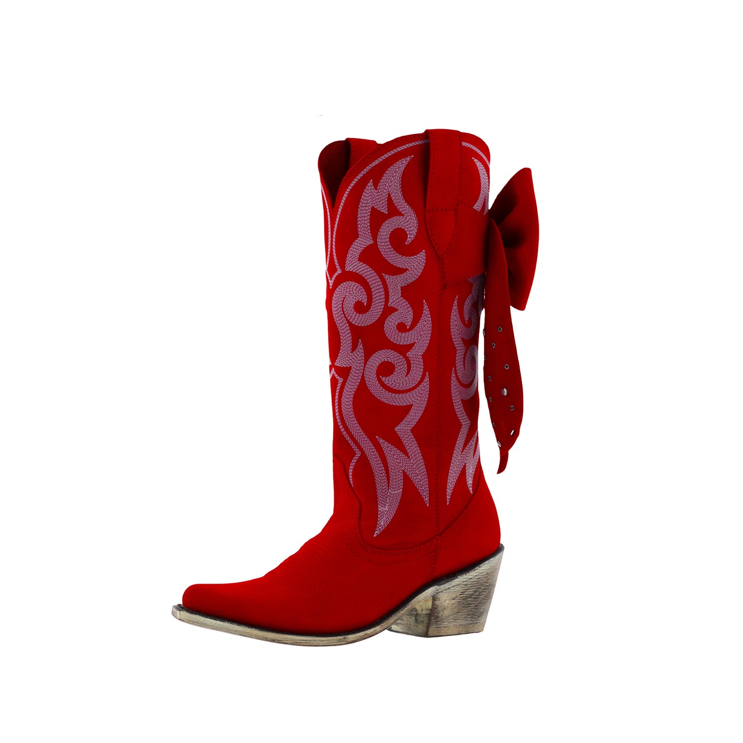 Red Pointed-Toe Embroidery Back Studded Bow Mid Calf Cowgirl Boots