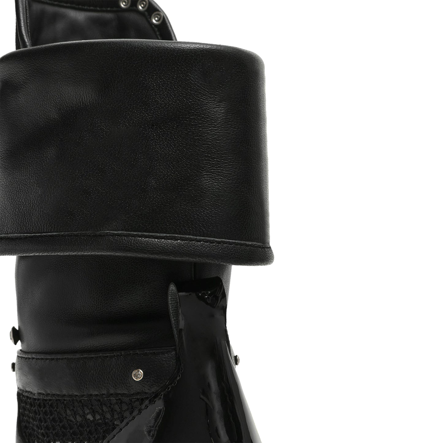 Black Open Round-Toe Mesh And Lace-Up Shaft Back Patent Design Stiletto High Heels