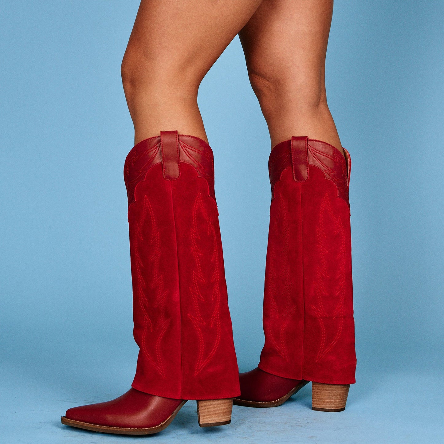Red Snip-Toe Faux Suede Fold-Over Embroidery Wide Calf Knee High Cowgirl Boots