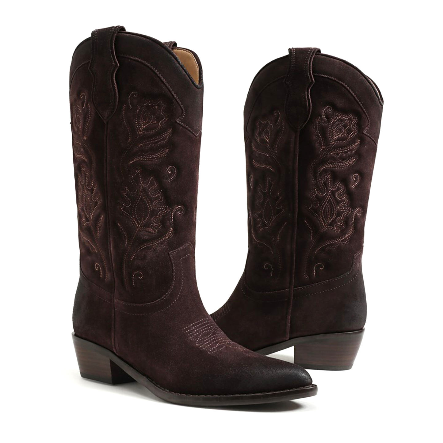 Coffee Faux Suede Almond-Toe Flowers Embroidery Mid Calf Cowgirl Boots