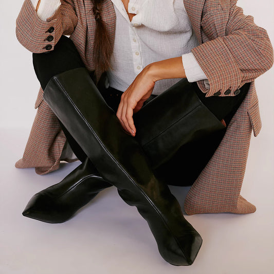 Black Pointed-Toe Wide Calf Knee High Stiletto Boots