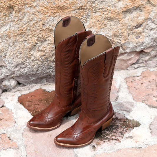 Cognac Almond-Toe Embroidery Wide Calf Knee High Cowgirl Boots