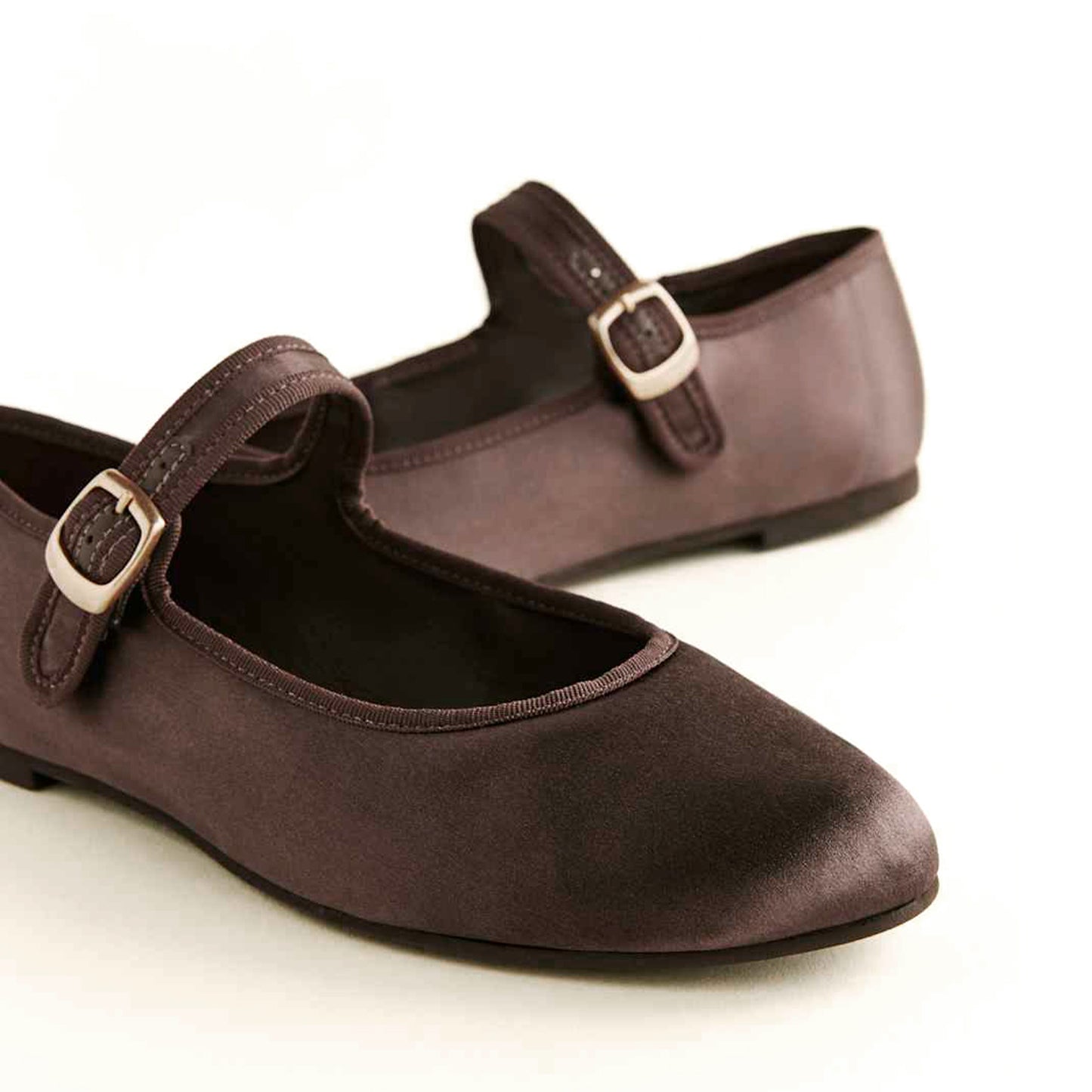 Chocolate Satin Round-Toe Bridge Strap Slip-On Flats
