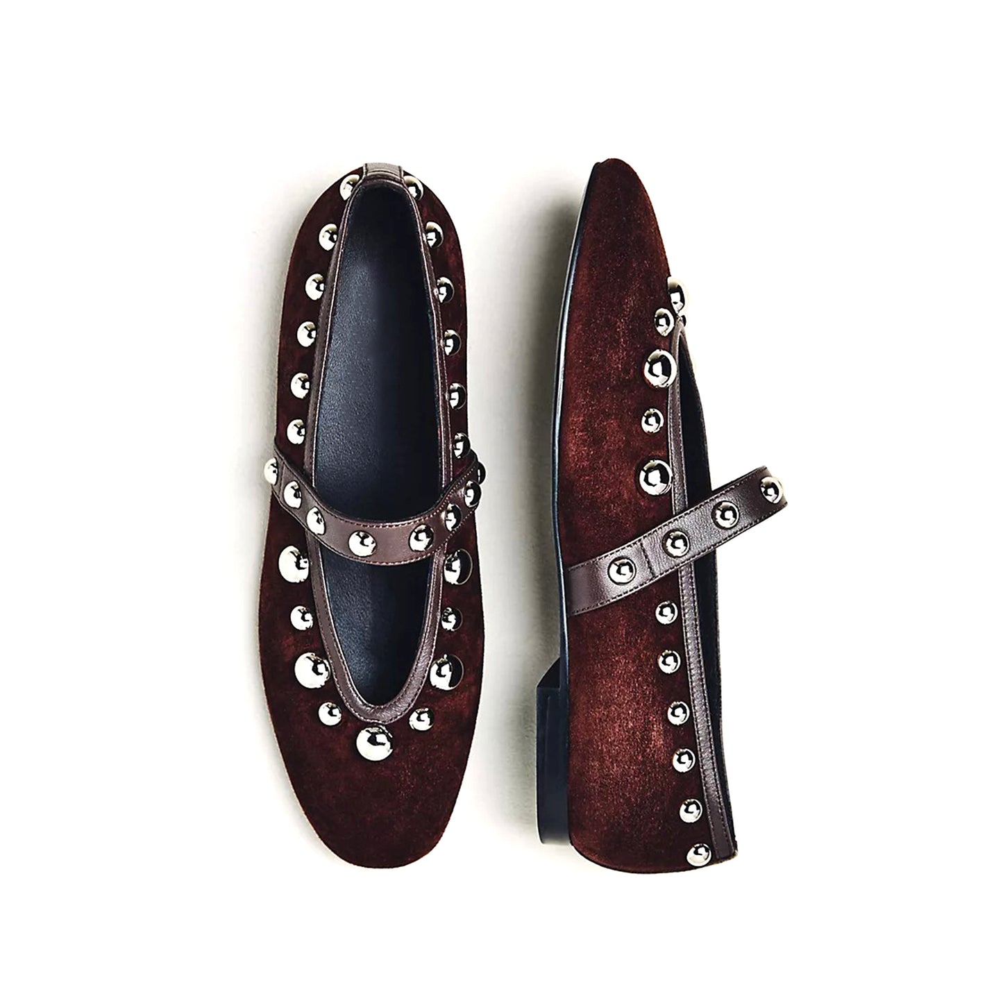 Brown Faux Suede Square-Toe Studded Bridge Strap Flats