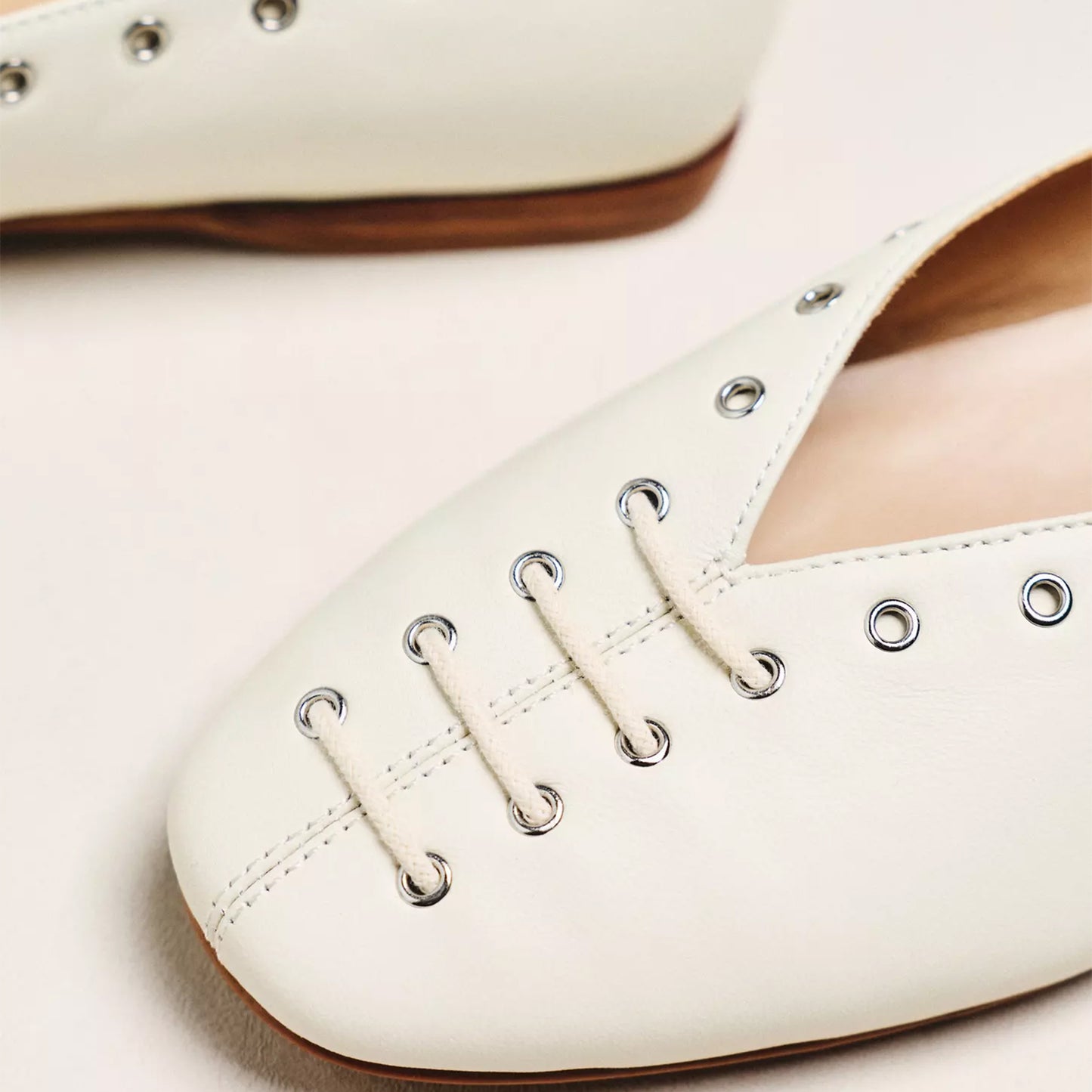 Cream Square-Toe Grommet Lace-Up Ballet Flats