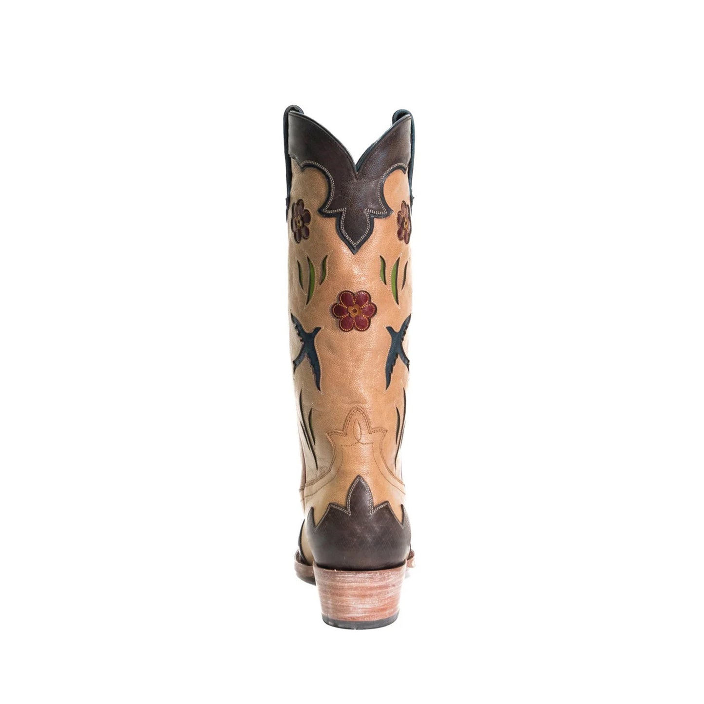 Contrast Camel And Chocolate Snip-Toe Birds Flowers Inlays Mid Calf Cowgirl Boots