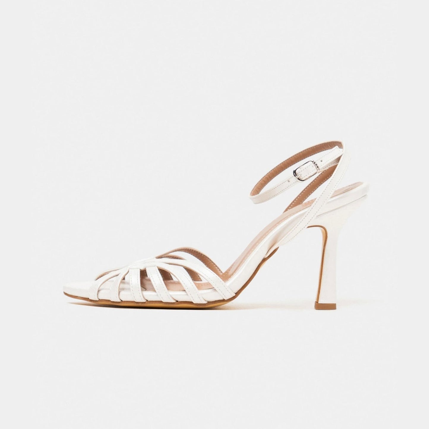 White Pointed-Toe Strappy Back And Ankle Strap High Heels