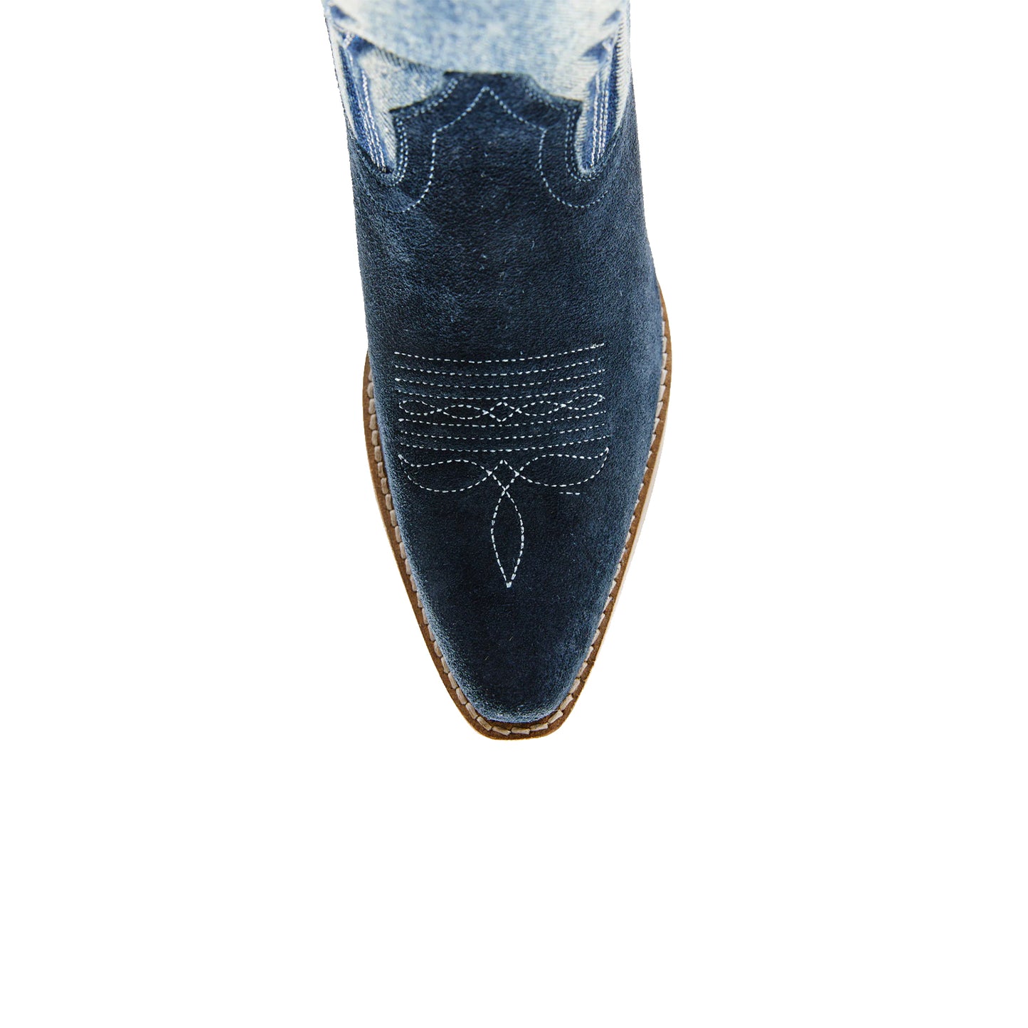 Contrast Blue Denim and Navy Faux Suede Snip-Toe Embroidery Knee High Cowgirl Boots