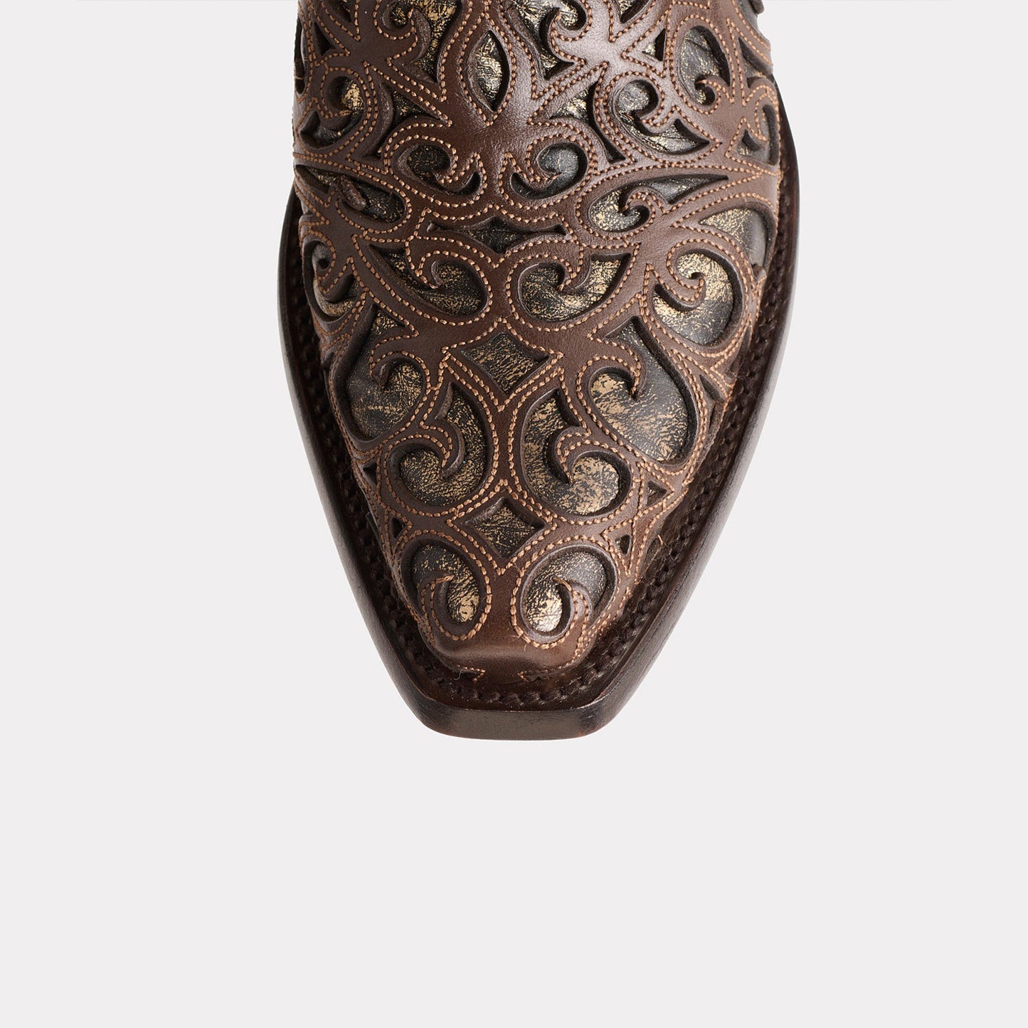 Coffee Snip-Toe Metallic Silver Inlays Chic Mid Calf Cowgirl Boots