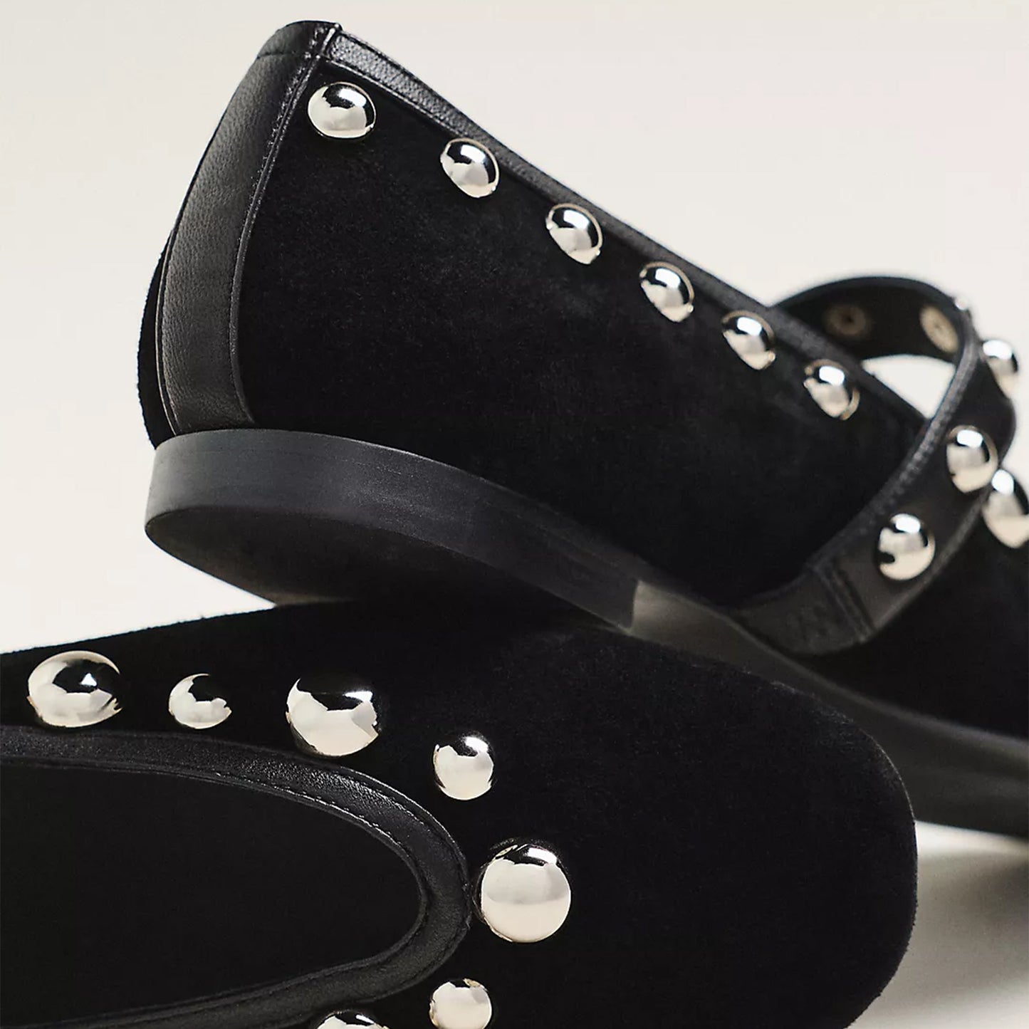 Black Faux Suede Round-Toe Studded Ballet Flats With Bridge Strap
