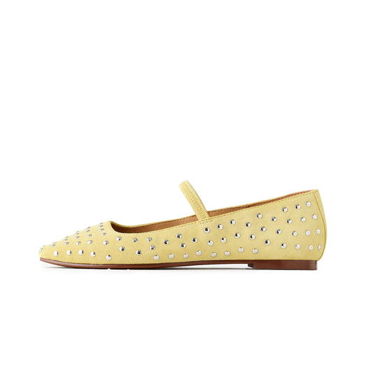 Yellow Faux Suede Square-Toe Bridge Strap Studded Slip-On Flats