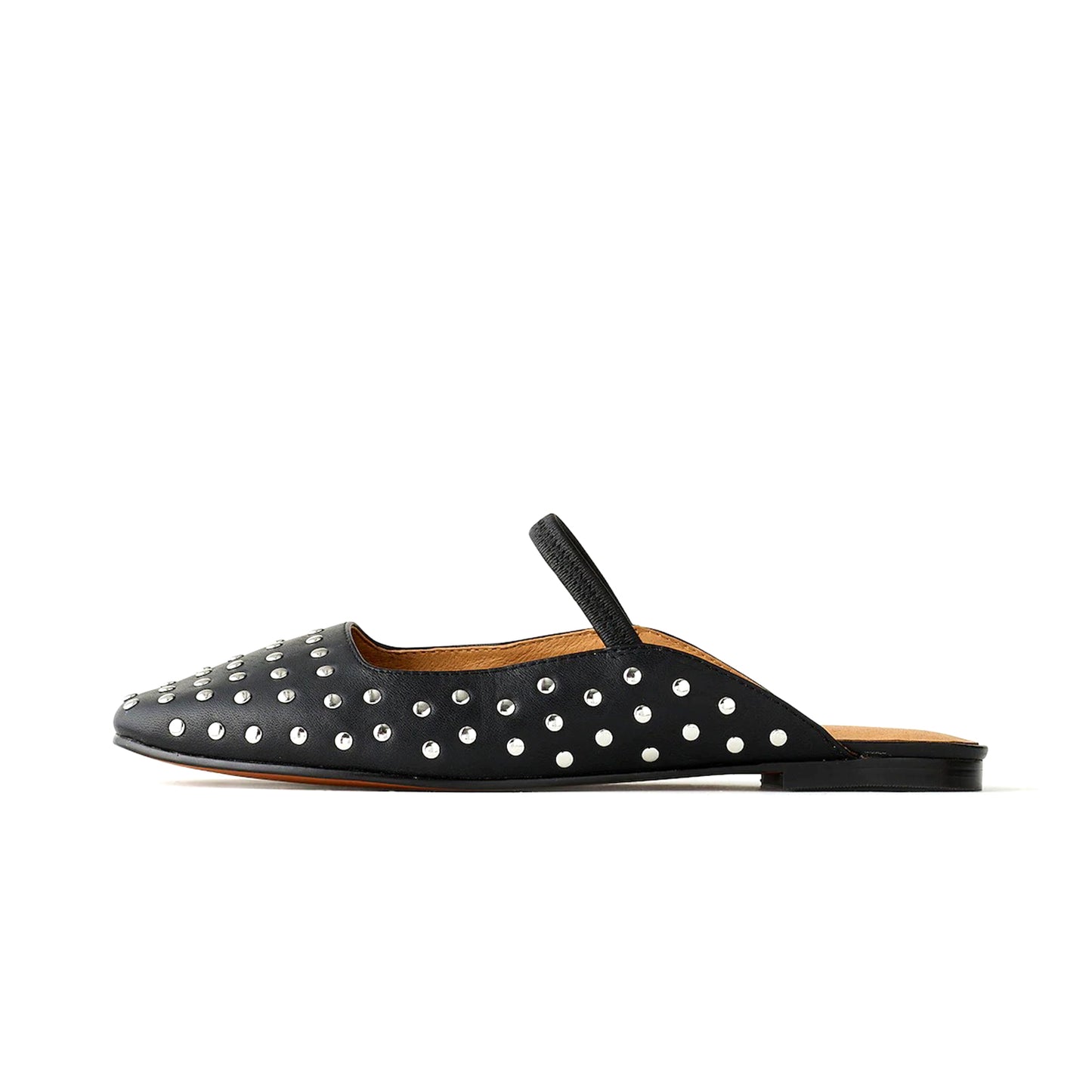 Black Square-Toe Bridge Strap Studded Slip-On Flats