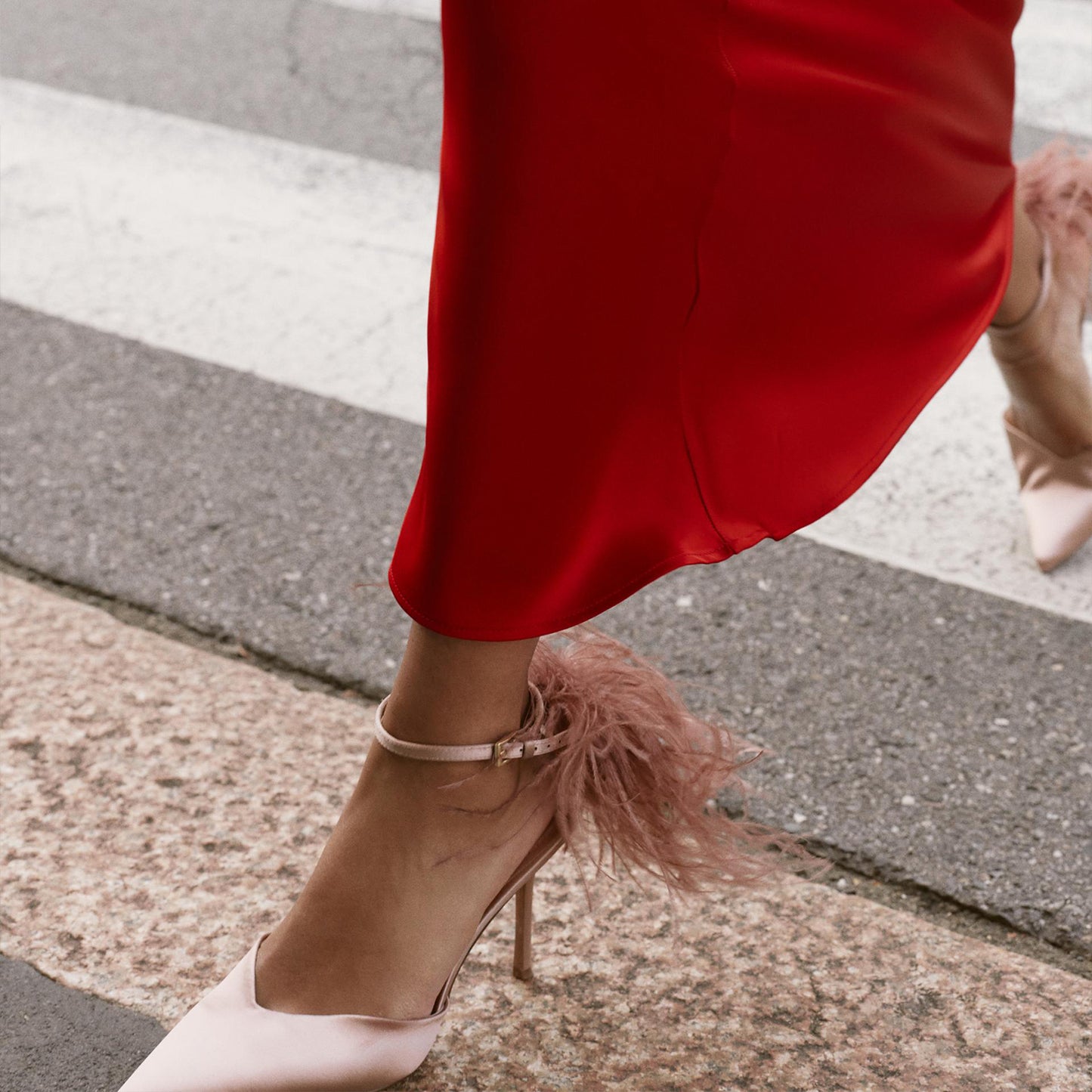 Beige Satin Pointed-Toe Ankle Strap Back Feather Stiletto High Heels