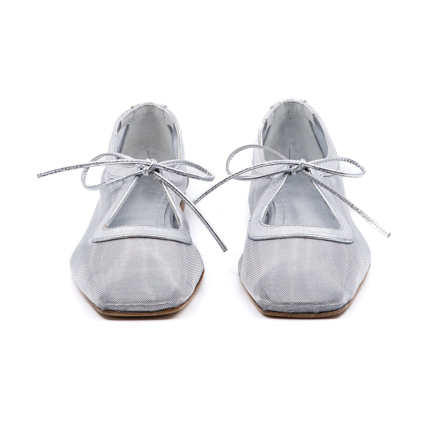 Metallic Silver Mesh Square-Toe Bow-Tied Vamp Strap Flats